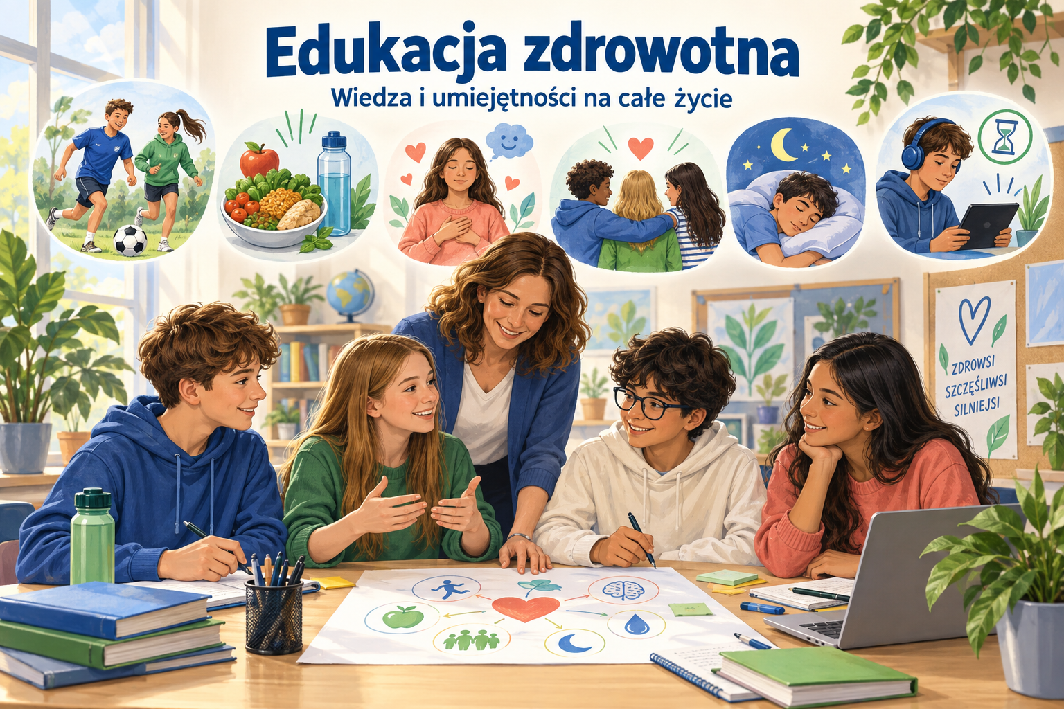 Edukacja zdrowotna – wiedza i umiejętności na całe życie. Ilustracja uczniów i nauczycielki oraz ruchu, odżywiania, emocji, relacji, snu i higieny cyfrowej.