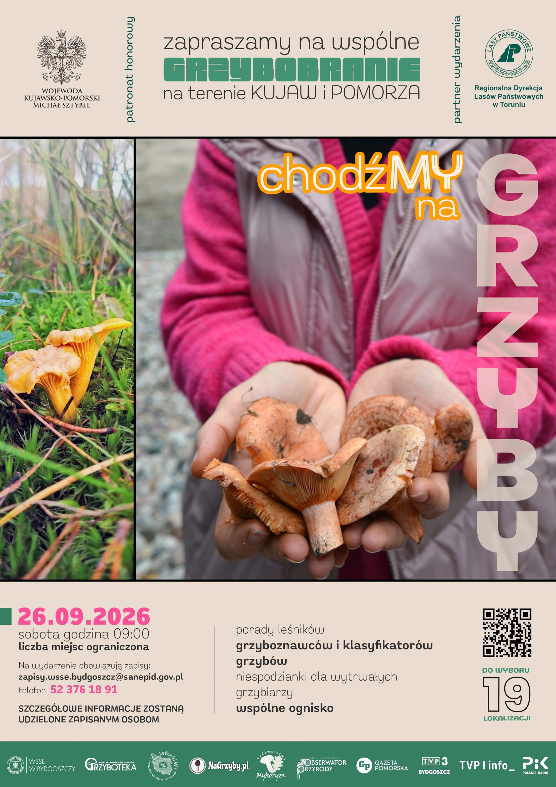 Plakat rodzinnego grzybobrania „ChodźMY na grzyby”, 26 września 2026 o 9:00. Zapisy: 52 376 18 91, zapisy.wsse.bydgoszcz@sanepid.gov.pl.