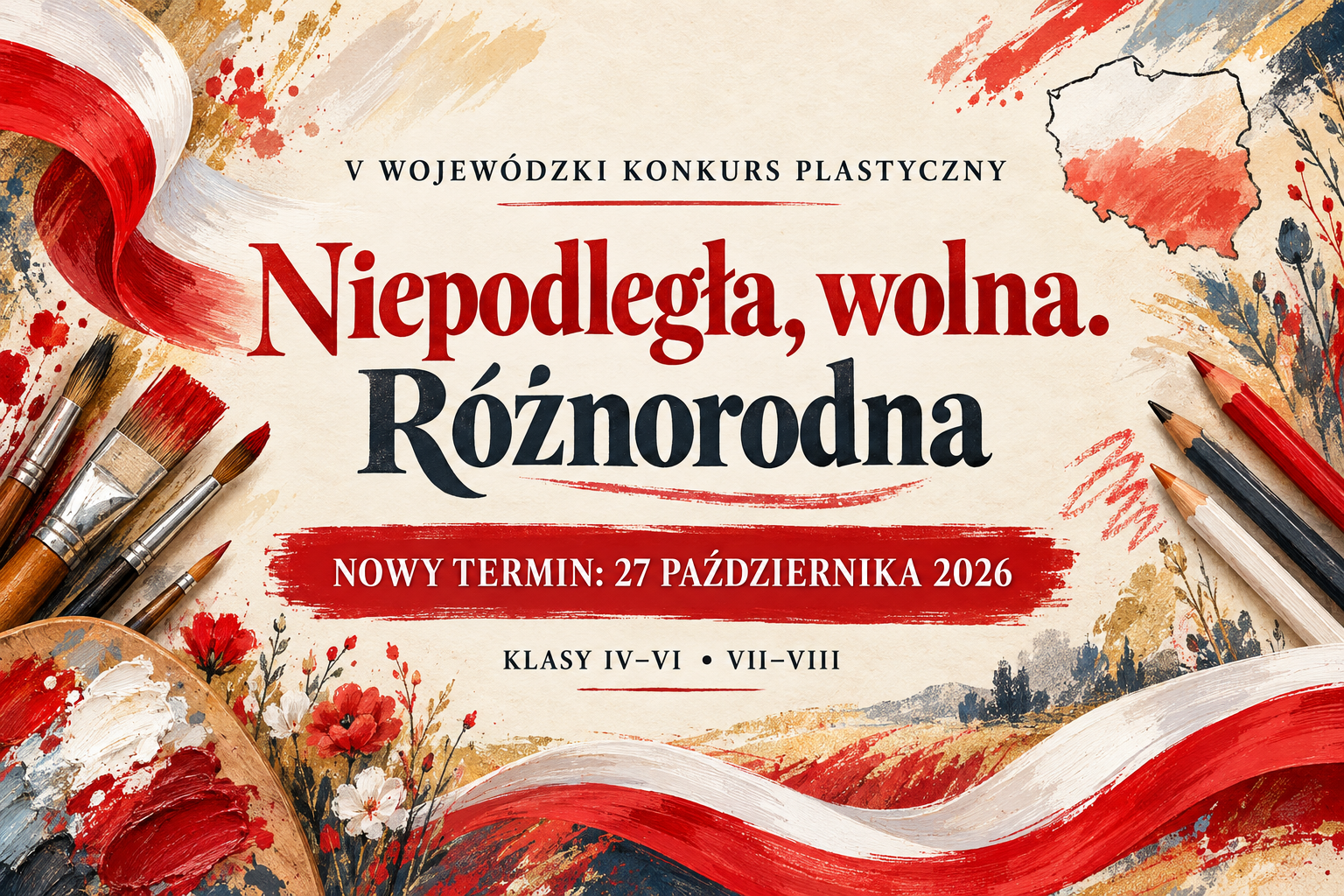 V Wojewódzki Konkurs Plastyczny „Niepodległa, wolna. Różnorodna” — nowy termin: 27 października 2026. Kategorie: klasy IV–VI i VII–VIII.