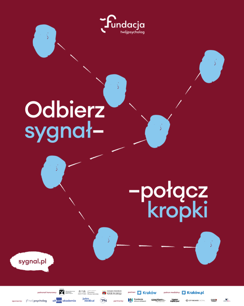 Plakat Fundacji TwójPsycholog z hasłem Odbierz sygnał. Połącz kropki. Niebieskie sylwetki twarzy połączone liniami na bordowym tle.