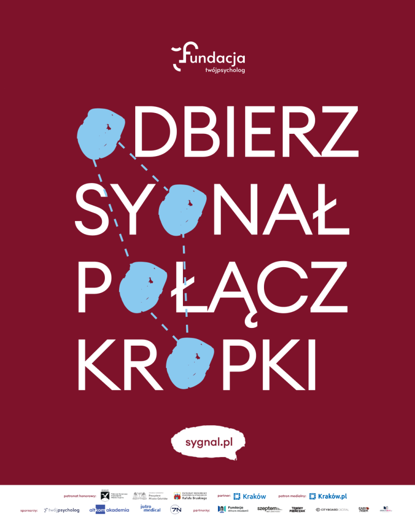 Plakat Kampanii SYGNAŁ z dużym napisem Odbierz sygnał. Połącz kropki oraz adresem sygnal.pl.
