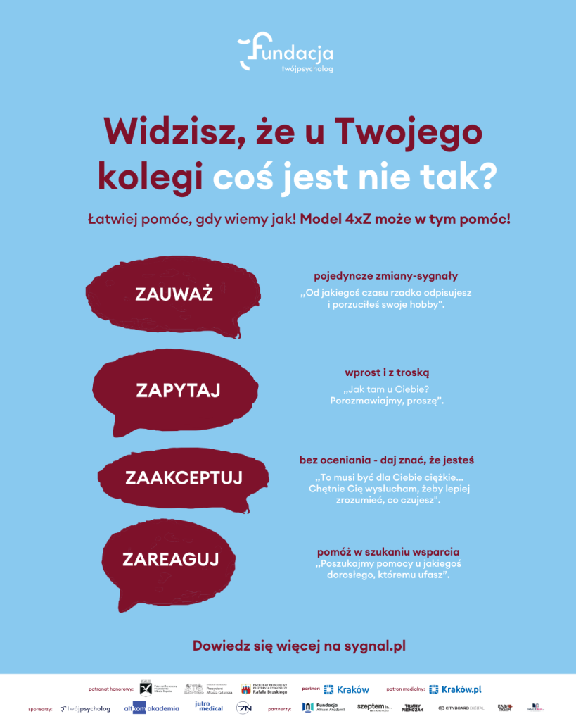 Widzisz, że u Twojego kolegi coś jest nie tak? Model 4×Z: zauważ zmiany, zapytaj wprost i z troską, zaakceptuj bez oceniania, zareaguj i pomóż w szukaniu wsparcia.