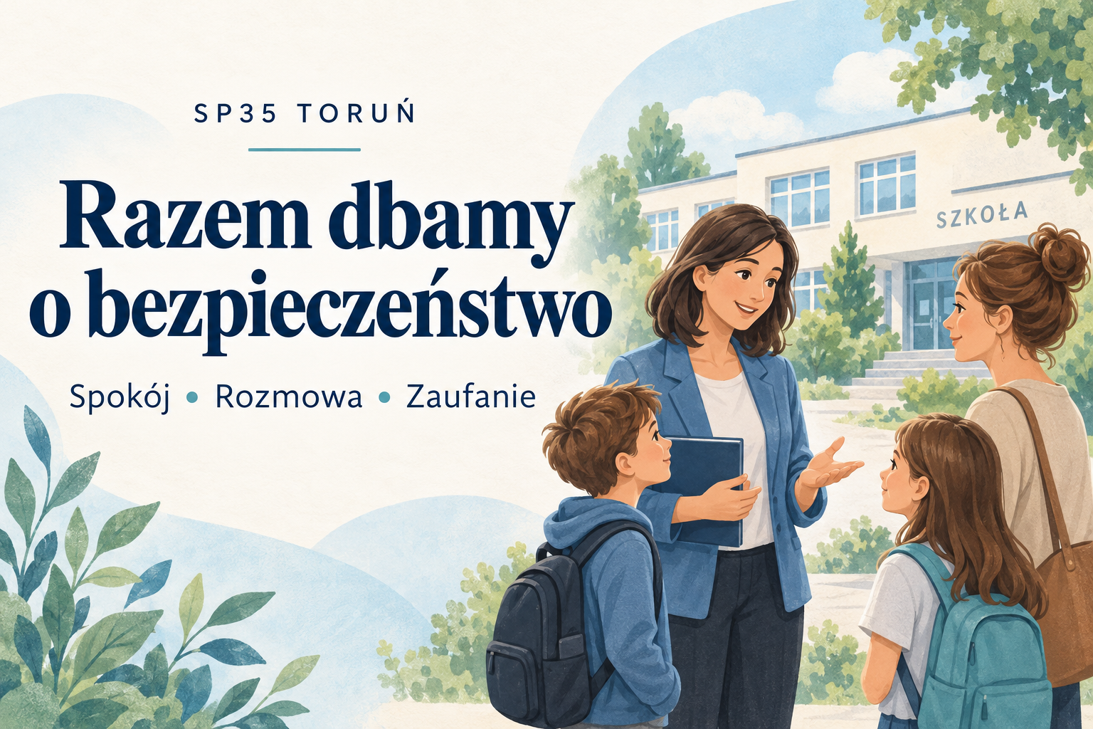 Ilustracja spokojnej rozmowy nauczycielki, rodzica i dwojga uczniów przed szkołą. Napis: Razem dbamy o bezpieczeństwo. Spokój, Rozmowa, Zaufanie. SP35 Toruń.