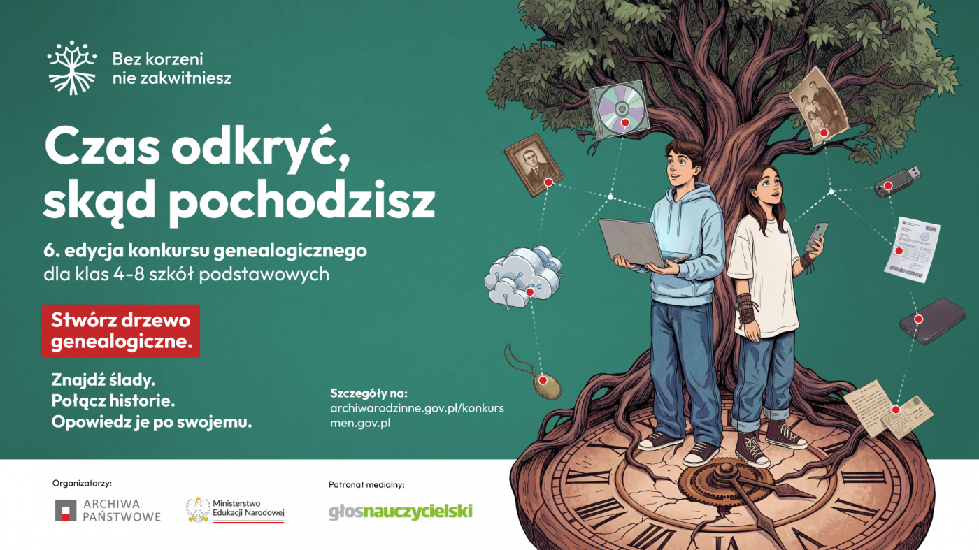 Oficjalna grafika 6. edycji konkursu Bez korzeni nie zakwitniesz dla klas IV–VIII. Czas odkryć, skąd pochodzisz.