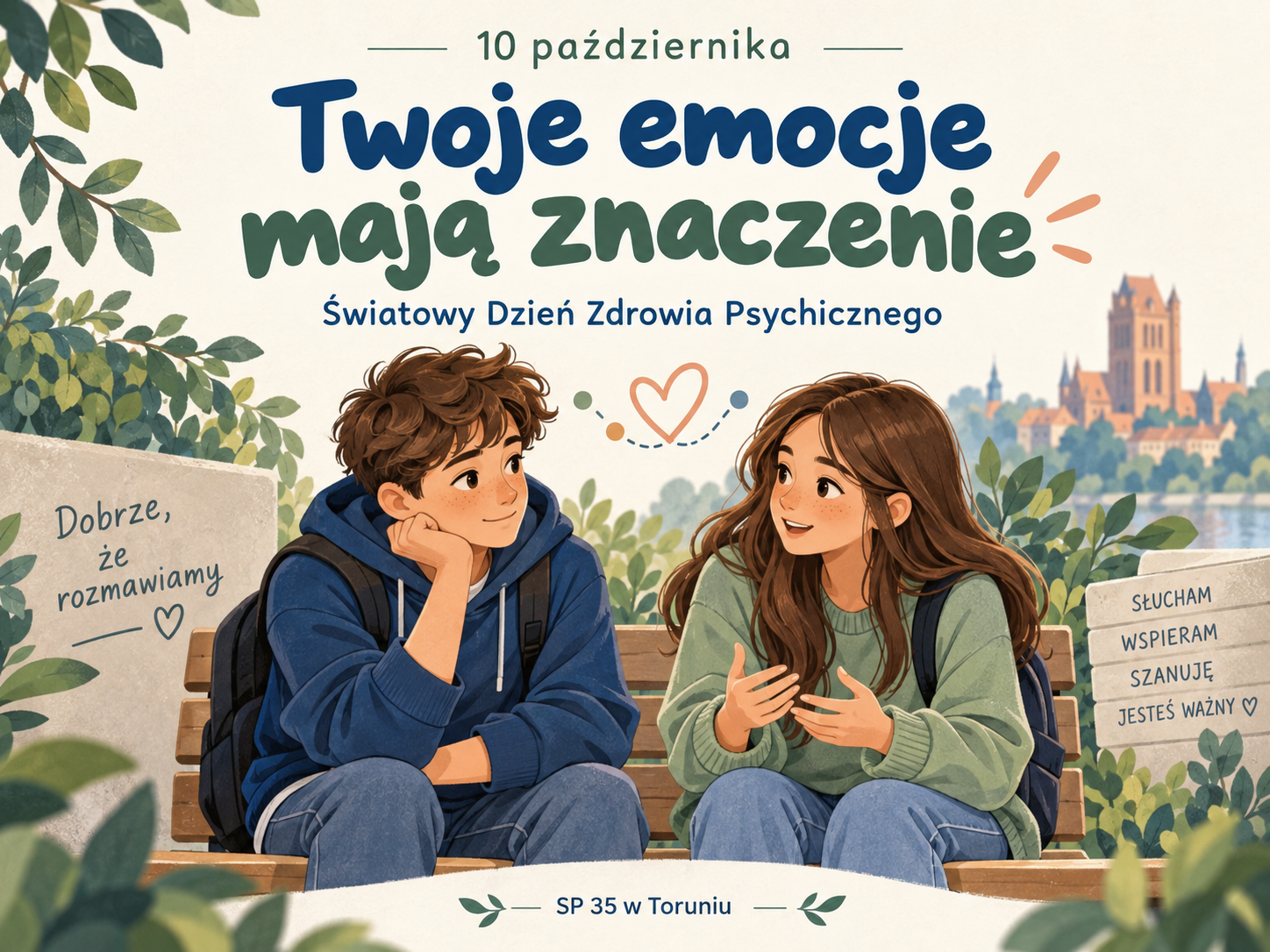 10 października — Światowy Dzień Zdrowia Psychicznego. Dwoje uczniów rozmawia na ławce; napis „Twoje emocje mają znaczenie” zachęca do wzajemnego wsparcia. SP 35 w Toruniu.