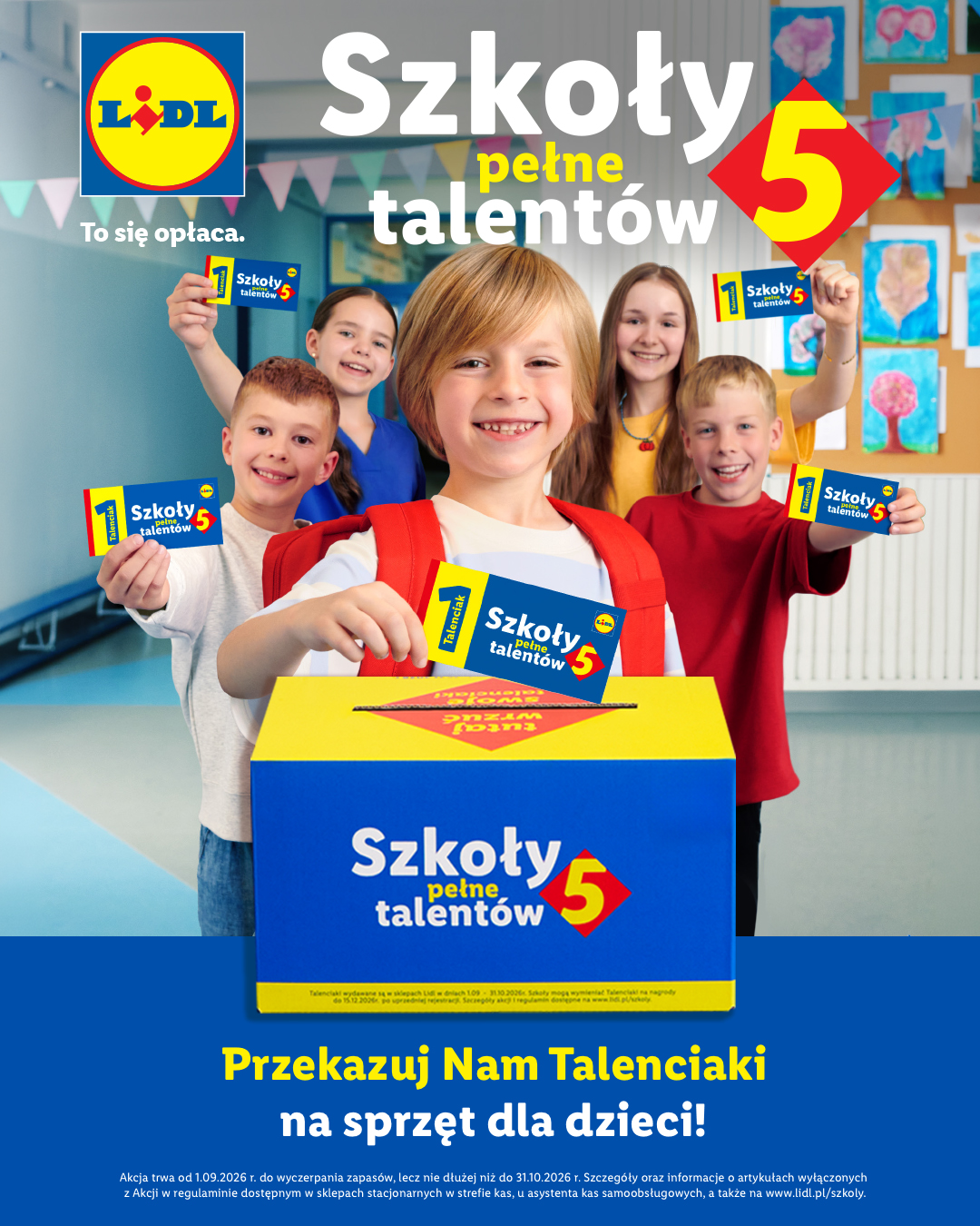 Oficjalny plakat Szkoły Pełne Talentów 5: dzieci przekazują Talenciaki na sprzęt dla szkoły.